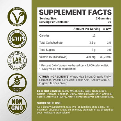 Vitamin B2 Gummies Riboflavin 400mg, B2 Vitamin Chewable Supplement, Vegan, Non GMO, Orange Flavor, 60 Count