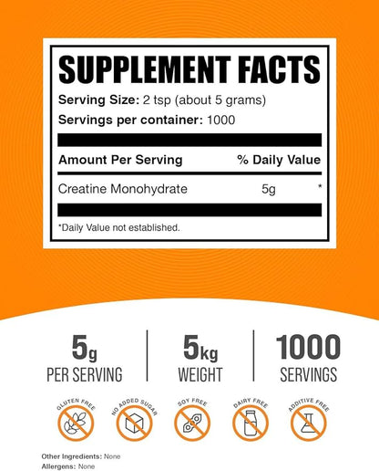 BulkSupplements.com Creatine Monohydrate Powder - Creatine Supplement, Micronized Creatine, Creatine Powder - Unflavored & Gluten Free, 5g (5000mg) per Servings, 5kg (11 lbs) (Pack of 5)