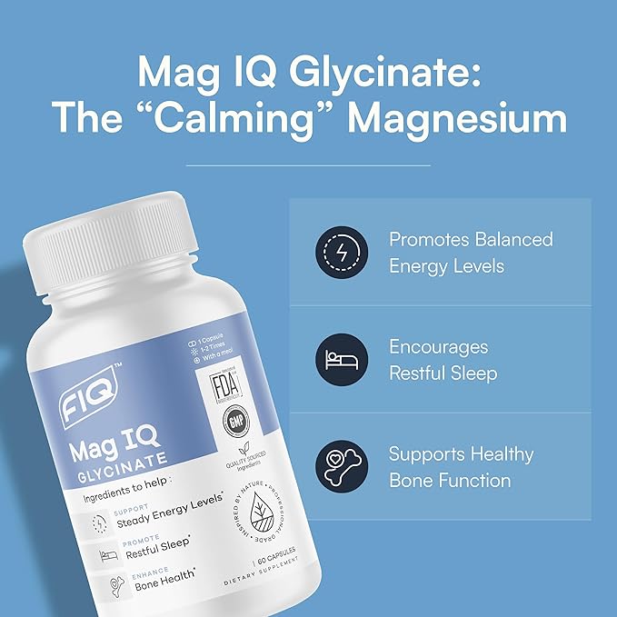 FIQ - Mag IQ Glycinate - Magnesium Bisglycinate Chelate TRAACS - High Absorption Magnesium Glycinate Supplement - Sleep, Daily Energy, & Bone Wellness - 60 Capsules