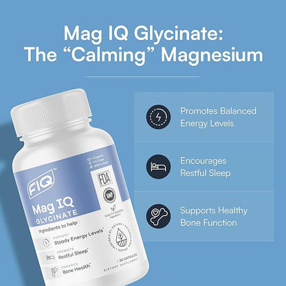 FIQ - Mag IQ Glycinate - Magnesium Bisglycinate Chelate TRAACS - High Absorption Magnesium Glycinate Supplement - Sleep, Daily Energy, & Bone Wellness - 60 Capsules