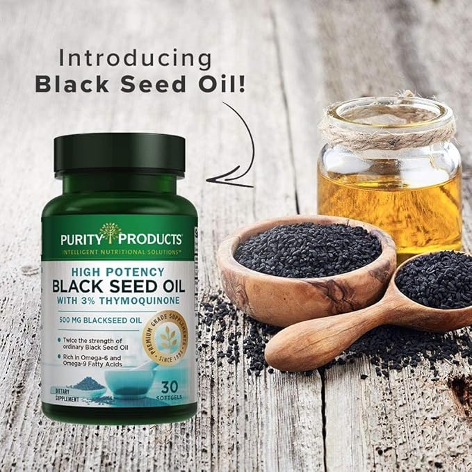 Purity Products High Potency Black Seed Oil - Double Strength + Cold Pressed - 3% Thymoquinone - 500 mg Black Cumin Seed Oil - Omega 6 + 9 Essential Fatty Acids - Easy to Swallow - 30 Mini Softgels
