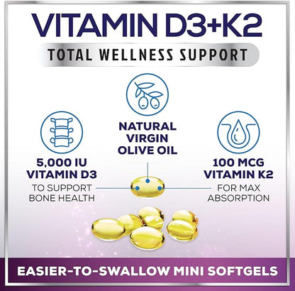 Vitamin D3 5000 IU with K2 100 mcg - D3 K2 Supplement, 2 in 1 Vitamins D & K2 Complex Softgels for Calcium Absorption, Bone, Teeth, Heart & Immune Support, Easy to Swallow, Non GMO - 120 Softgels