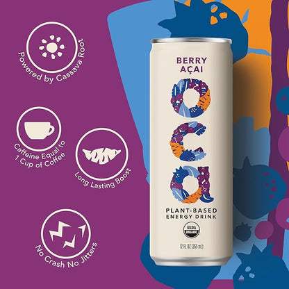 OCA | Organic, Vegan, Plant-Based Energy Drink - Berry Açai Flavor - 60 Calories per Can - 12-Pack - This energy drink is: organic, vegan, naturally sweetened, gluten free