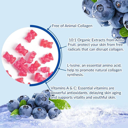 Collagen Boosting Gummies, Vegan Collagen Gummies for Women with L-Lysine, Amla, Biotin, Vitamin C, A, E, Collagen Booster Gummies Supplement for Hair Skin Nails & Joint