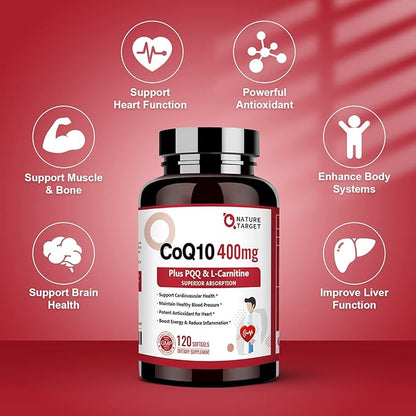 NATURE TARGET CoQ10-400mg with PQQ, Omega-3s & L-Carnitine, High Absorption Coenzyme-Q10 with BioPerine, Supports Heart, Brain, Immune System, Energy Production, 120 Servings