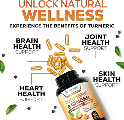 Turmeric Curcumin Supplement 1950mg with Organic Turmeric & Ginger, 95% Curcuminoids, BioPerine Black Pepper for Best Absorption, Nature's Vegan Joint Support, Non-GMO, Bottled in USA - 180 Capsules