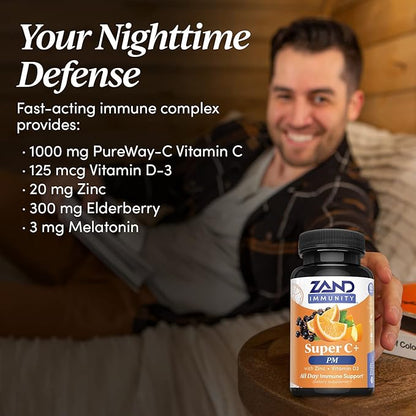 Zand Immunity Super C+ PM, Nighttime Immune Support Plus Melatonin, 1000mg PureWay-C Vitamin C, Zinc, D3 & Elderberry, Enhanced Absorption - 60 Tablets, 30 Servings
