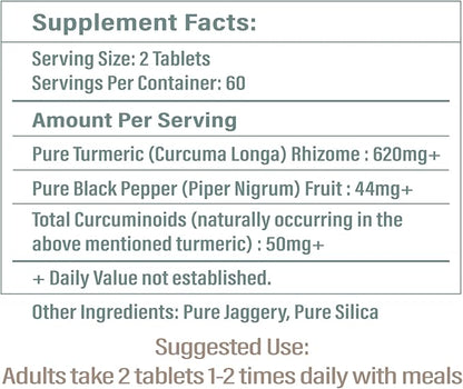Turmeric Tablet Supplement - with High-Curcumin Lakadong Turmeric enhanced with Black-Pepper - Healthy Heart, & Healthy Immune System - 120 Vegan Tablets