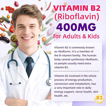 Vitamin B2 Gummies for Kids & Adults, VIT B2 Riboflavin 400mg Supplement with Magnesium for Migraine Relief & Nervous System Support, Non-GMO, Vegan, Raspberry Flavor 120 Count