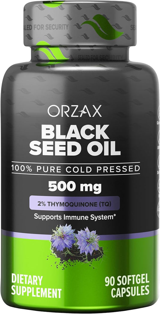 ORZAX Black Seed Oil Cold Pressed 100% Pure | Non-GMO - Rich in Omega 3 6 9 & Thymoquinone | Black Cumin Nigella Sativa Oil for Immune Support, Hair, Skin, Face (500 mg - 90 Softgel Capsules)