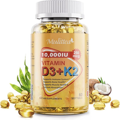 3 in 1 Vitamin D3 K2 Softgels with Natural MCT, 10000 IU - Vitamin D Plus MK-7 200mcg, No Fillers, Non-GMO for Immune Support, Bone & Heart Health, Plant-Based Ultimate Absorption, 1 Months Supply