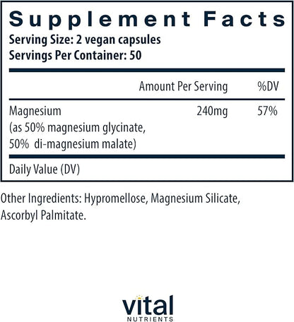 Vital Nutrients Magnesium Glycinate + Malate | 120mg Vegan Magnesium Supplement for Women and Men | Muscle, Heart, Bone Support* | Promotes Relaxation | Gluten, Dairy and Soy Free | 100 Capsules