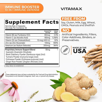 10-in-1 Immune System Support Booster with Elderberry, D3, Selenium, Quercetin, Zinc, Vitamin C, Ginger, Turmeric Curcumin, B6, Echinacea – Natural Immune Defense – Made in USA (60 Count (Pack of 1))