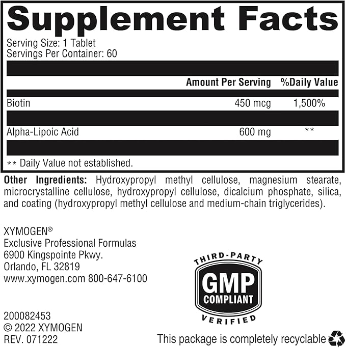 XYMOGEN ALAmax CR - Alpha Lipoic Acid 600mg Tablets - ALA Supplement with Biotin - Support Healthy Antioxidant Activity & Glutathione Levels for Natural Detox (60 Tablets)