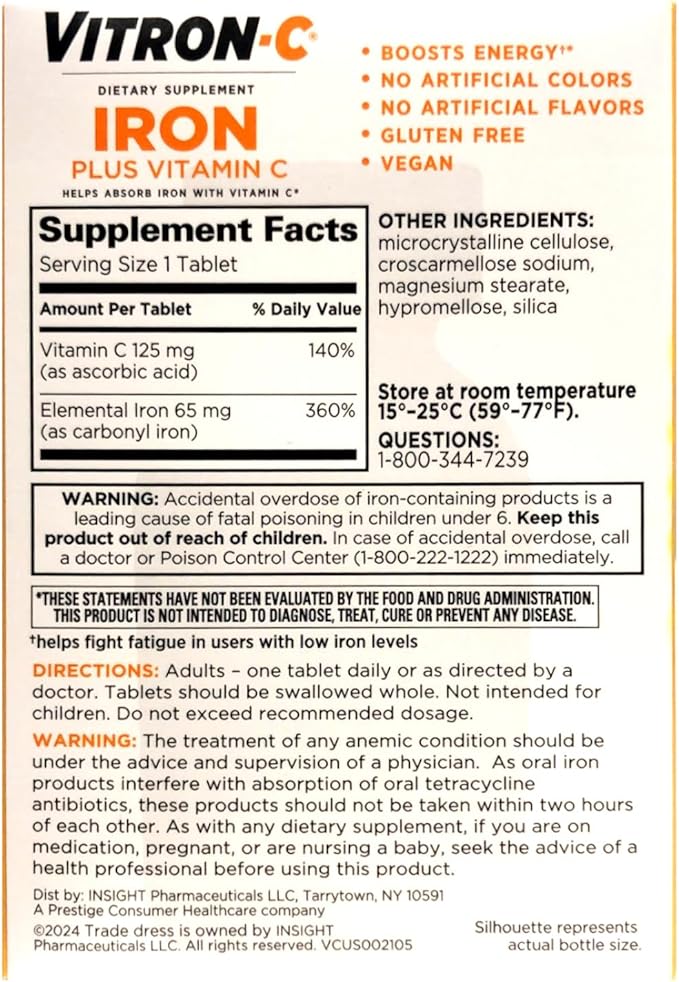Vitron-C - Iron Supplement - 125 mg / 65 mg Strength - Coated Tablet - 60 per Bottle-MCK