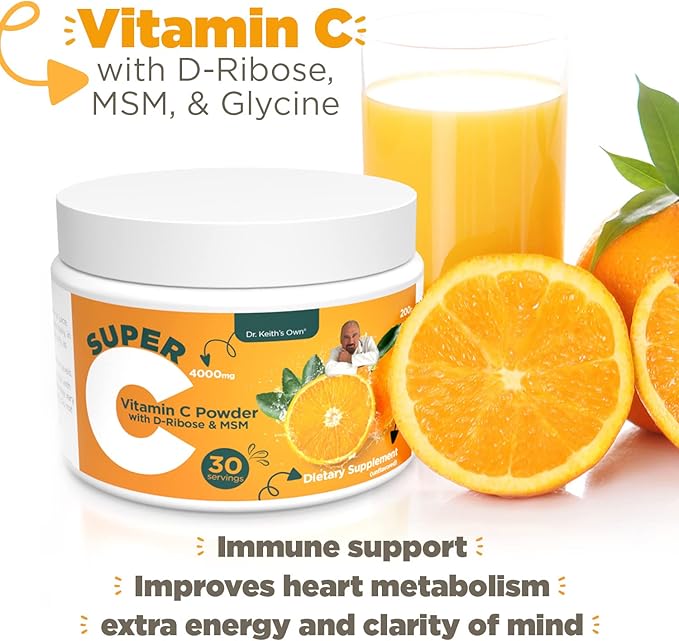Dr. Keith's Own Super C-High Dose Powdered Vitamin C 4000mg with D-Ribose, Glycine, MSM-Highly Absorbable, Stomach-Friendly, Collagen Boost, Immune Support-Unflavored, 200 Grams (30 Servings)