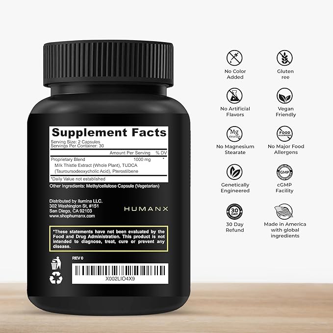 HUMANX TUDCA+ 1000mg Bile Salts Liver Support Supplement, Liver and Gallbladder Cleanse Supplement - Vegan, Non GMO - USA Made Easy to Swallow Capsules - Tauroursodeoxycholic Acid Supplements