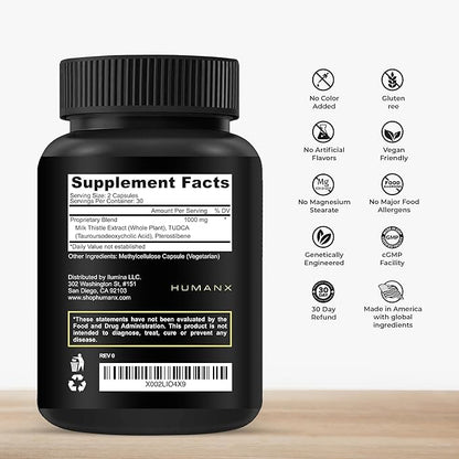 HUMANX TUDCA+ 1000mg Bile Salts Liver Support Supplement, Liver and Gallbladder Cleanse Supplement - Vegan, Non GMO - USA Made Easy to Swallow Capsules - Tauroursodeoxycholic Acid Supplements