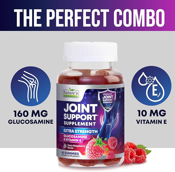Joint Support Supplement - Extra Strength Glucosamine Gummy Supports Joints Health & Flexibility for Back, Knees, Hands - Natural Vitamin E Immune Support - Best Gummies for Women & Men - 60 Gummies