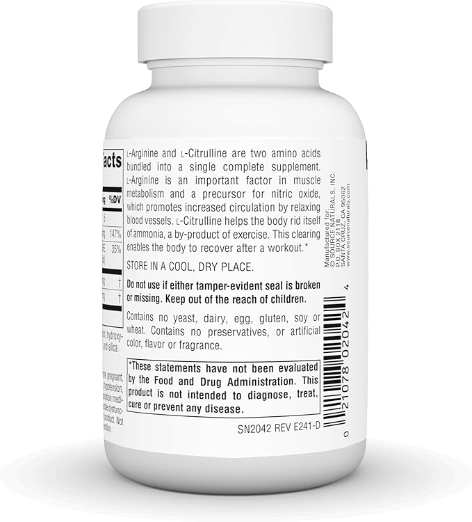 Source Naturals L-Arginine L-Citrulline Complex 1000mg Essential Amino Acid Supplement - 60 Tablets