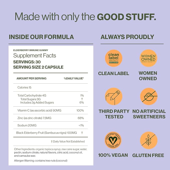 Hilma Elderberry Gummies Formulated with Vitamin C & Zinc, Natural, Vegan, Clinically Proven Ingredients, Immune Support Supplement Plus Antioxidants,Natural Berry Flavor (60 Gummies)