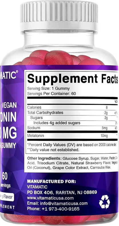 Vitamatic Melatonin 10 mg Vegetarian Gummies – Non-Habit Forming – 60 Gummies per Bottle – 2-Pack (Total 120 Vegan Gummies)