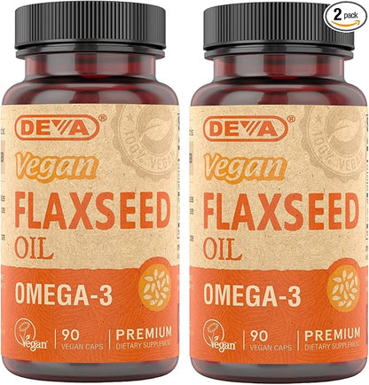 DEVA Organic Vegan Vitamins Flax Seed Oil - Rich in Omega-3, Cold-Pressed & Unrefined - 90 Capsules, 2-Pack