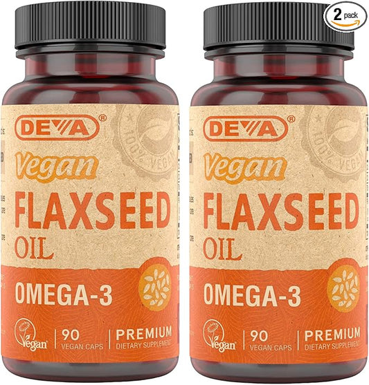 DEVA Organic Vegan Vitamins Flax Seed Oil - Rich in Omega-3, Cold-Pressed & Unrefined - 90 Capsules, 2-Pack