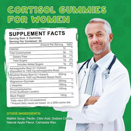 Cortisol Supplements Gummies for Women, Magnesium Ashwagandha Rhodiola Rosea and L-theanine Complex for Women, Maintain Healthy Cortisol Levels - 60 Day Vegan Supply