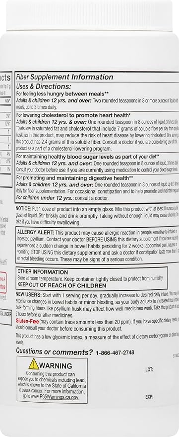 Leader Psyllium Husk Powder Supplement 4-in-1 Fiber for Digestive Health, Plant Based 100% Natural Psyllium Husk Daily Fiber, Gluten Free, Non-GMO, Compare to Meta-mucil Multihealth (13 OZ)