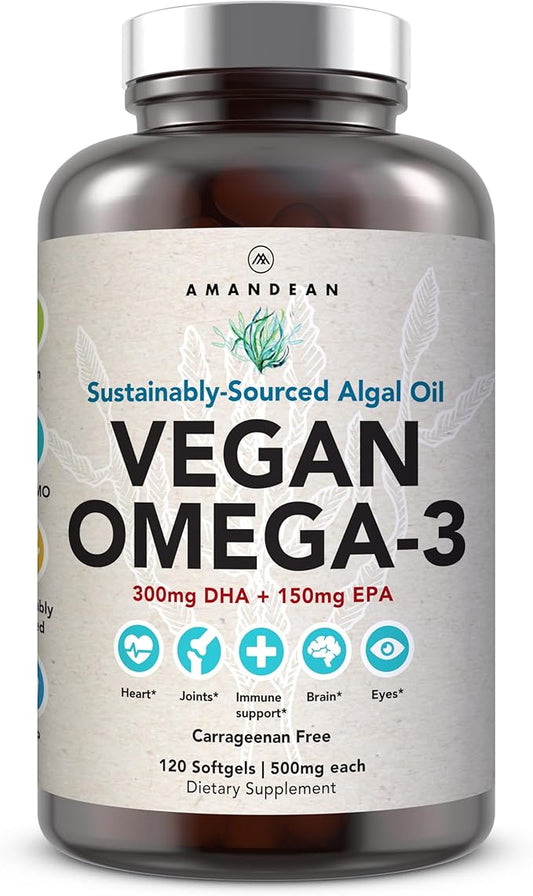 AMANDEAN Vegan Omega 3 Supplement. Premium Fish Oil Alternative. Algae DHA & EPA. Carrageenan Free Softgels. Algal Essential Fatty Acids. Plant Based Heart, Brain, Eye, Skin, Immune Support. (120ct)