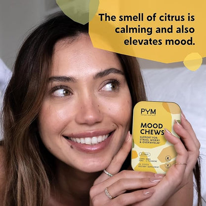 PYM Citrus Mood Chews Support for Stress, Worry & Overwhelm, 60 Count | 130mg GABA, 90mg L-Theanine | Vegan, Non-GMO, Gluten-Free, No Added Sugar | All-Natural Mood Balance Supplement Made in USA