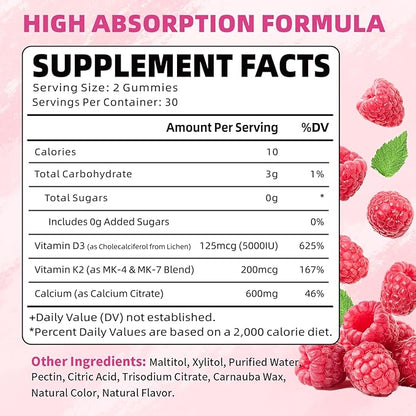 Vitamin D3 K2 Gummies, D3 Vitamin 5,000 IU + K2 200mcg - Vegan K2 D3 Vitamin Supplement, Highly Absorbent Supports Bone, Muscle, Immune, Raspberry, 60 Count