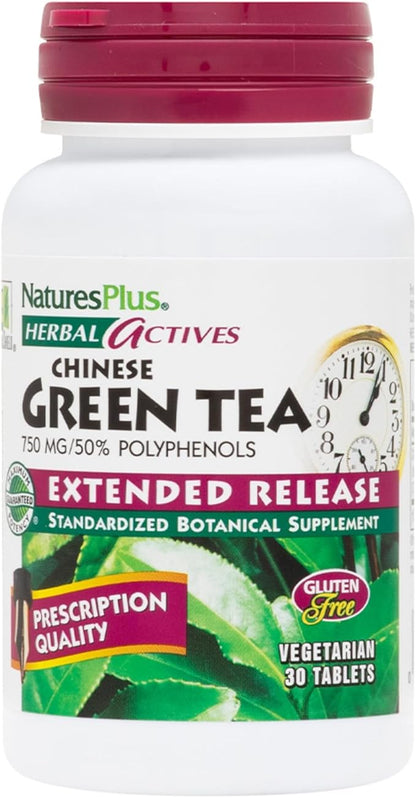 Natures Plus Herbal Actives Chinese Green Tea, Extended Release - 750 mg - Overall Well-Being - 30 Vegetarian Tablets (30 Servings)