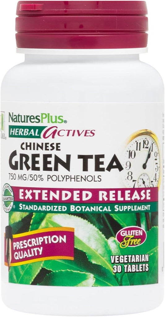 Natures Plus Herbal Actives Chinese Green Tea, Extended Release - 750 mg - Overall Well-Being - 30 Vegetarian Tablets (30 Servings)
