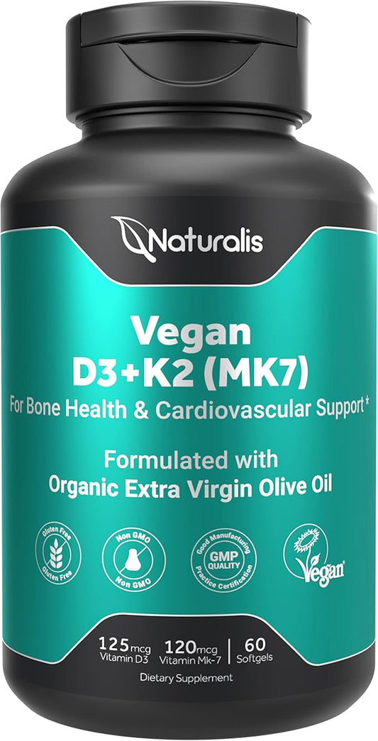 Vegan Vitamin D3 + K2 from Algae | 5000iu Vitamin D with 120mcg MK7 Vitamin K | Vegan Society Certified, Sustainably Sourced, Better Than Animal Derived | 60 Veggie Softgels