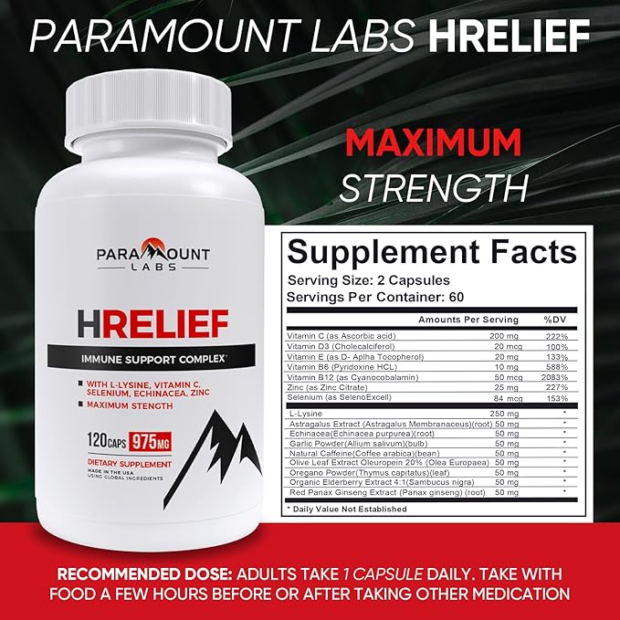 Immune Relief Supplement - Lysine Formula and Health Support for Adults - Outbreak Control with Super Lysine Capsules - Immune Boost with Zinc and Vitamin C - 120 ct