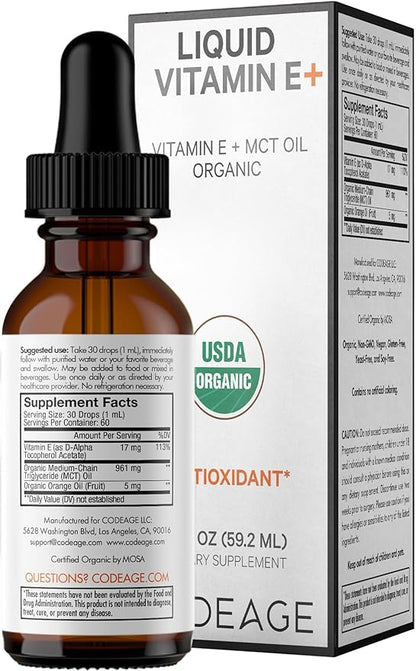 Codeage Liquid Vitamin E+ - USDA-Certified Organic Vitamin E - 2-Month Supply - D-Alpha Tocopherol Acetate, Organic MCT Oil, Organic Orange Fruit Oil, Unflavored, Non-GMO, Vegan, Gluten-Free, 2 fl oz