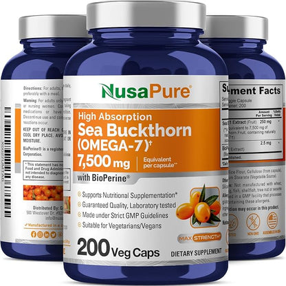 NusaPure Sea Buckthorn Omega-7 30:1 Extract, 250 mg Equivalent to 7,500mg per Veggie Powder Caps - 200 Count - Non-GMO & Vegan