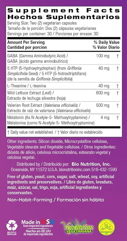 Bio Nutrition Sleep Wellness 60 Vegetarian Capsules | Wild Lettuce Extract | Supports Relaxation | Promotes a Better Sleep Cycle | May Assist with Stress Relief