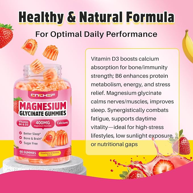 Double-Flavor Magnesium Glycinate Gummies 400MG, Sugar Free Magnesium Supplement Calm Sleep for Women Kids Adults with Vitamin D3, B6 and Calcium, Gluten Free & Vegan Friendly, 60 Count