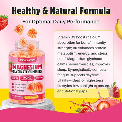Double-Flavor Magnesium Glycinate Gummies 400MG, Sugar Free Magnesium Supplement Calm Sleep for Women Kids Adults with Vitamin D3, B6 and Calcium, Gluten Free & Vegan Friendly, 60 Count