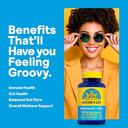 Nature's Life Monolaurin Plus Zinc Immune Support Supplement - 936mg Monolaurin from Raw Coconuts, Zinc 15mg, Supports Gut Health, Balanced Gut Flora, 60-Day Guarantee, 45 Serv, 90 Vegetarian Capsules