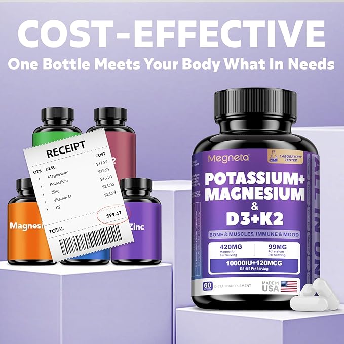 Magnesium Potassium Vitamin D3 K2 10000IU+120MCG Supplement - Supports Bone, Heart, Immune Health, Mood Balance & Energy for Women & Men - Enhanced Absorption, Non-GMO - 60 Capsules