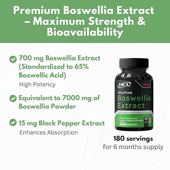 Boswellia Serrata Extract Capsules 65% Boswellic Acid 700mg Equal to 7000mg Resin Powder, Extra Strength & Superior Absorption, 6 Month Supply 180 Vegan Capsules Non-GMO