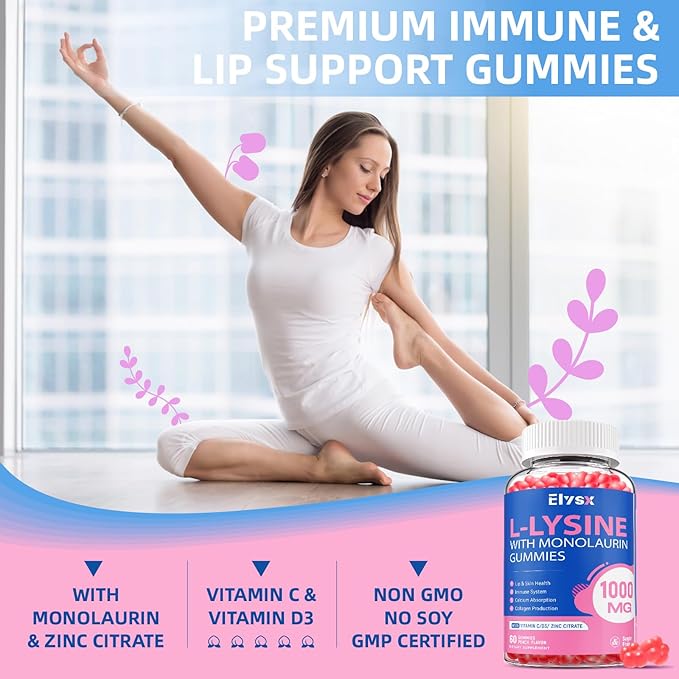 L-Lysine Gummies 1000mg, Sugar-Free Chewable Lysine with Monolaurin Supplement for Adults & Kids, Lips & Oral Health, Immune & Overall Health, Natural Peach Flavor, 60 Count