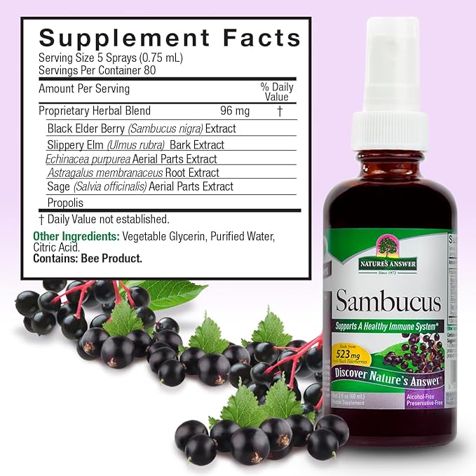 Nature's Answer Alcohol-Free Sambucus Extract Spray, 2-Ounces | Immune System Support | Vegan, Gluten-Free, No Artificial Flavors or Preservatives | Single Count