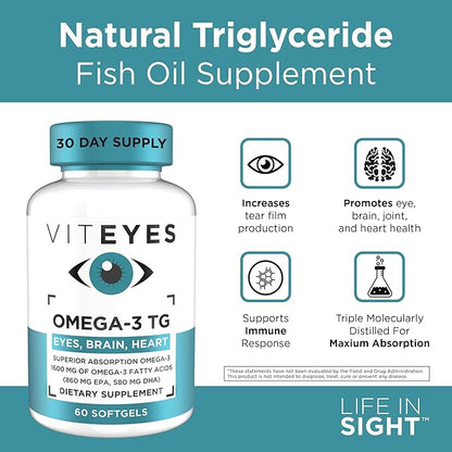 Viteyes Omega-3 TG Supports Eye & Heart Health, Natural Triglyceride Fish Oil Formula, Clear, 60 Count