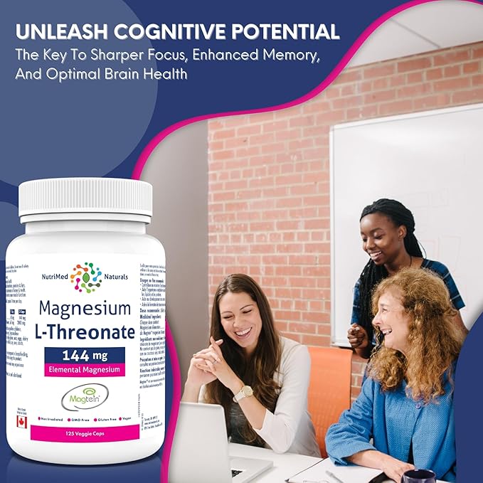Elemental Magnesium L-Threonate Supplement 144mg 125 Caps - Magtein Magnesium L-Threonate Capsules - Nutrimed Naturals - 3rd Party Tested