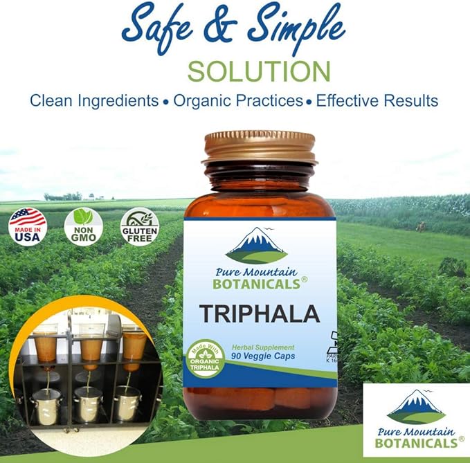 Pure Mountain Botanicals Triphala Capsules 90 Kosher Vegan Caps Now with 500mg Organic Blend of Amla Indian Fruit